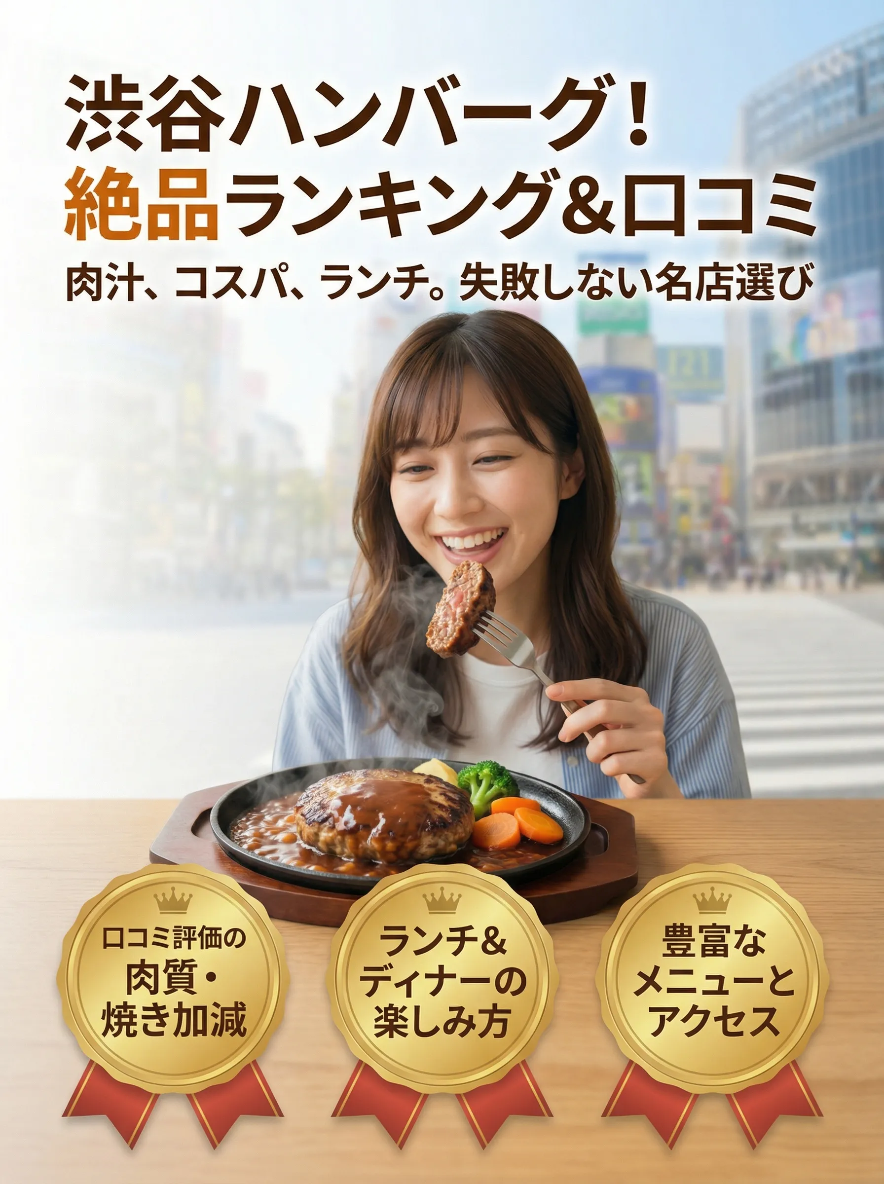 渋谷の人気ハンバーグ店を美味しそうに紹介するイメージ