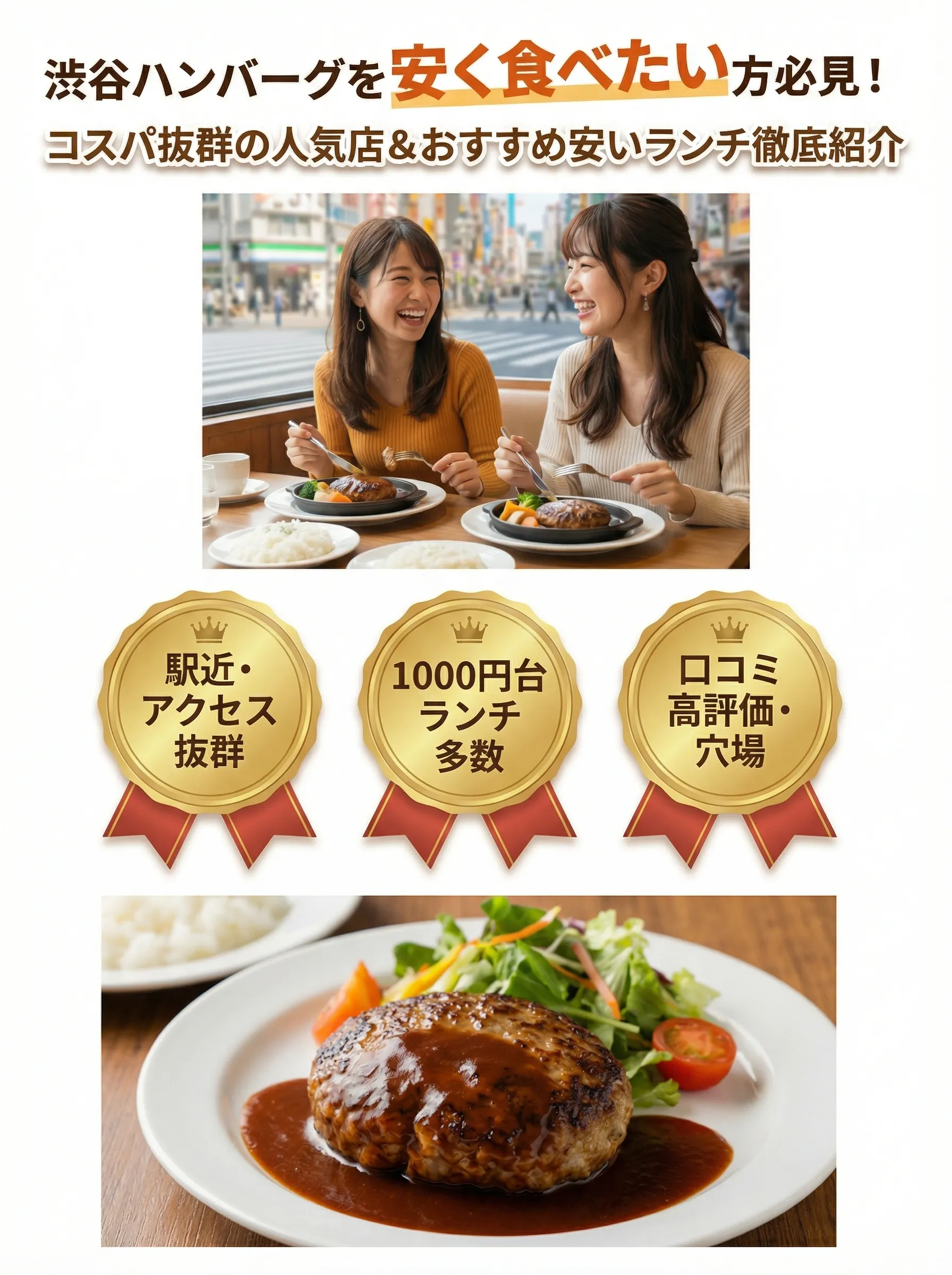 渋谷駅近で安くてボリューム満点のハンバーグランチを楽しむ若者グループ