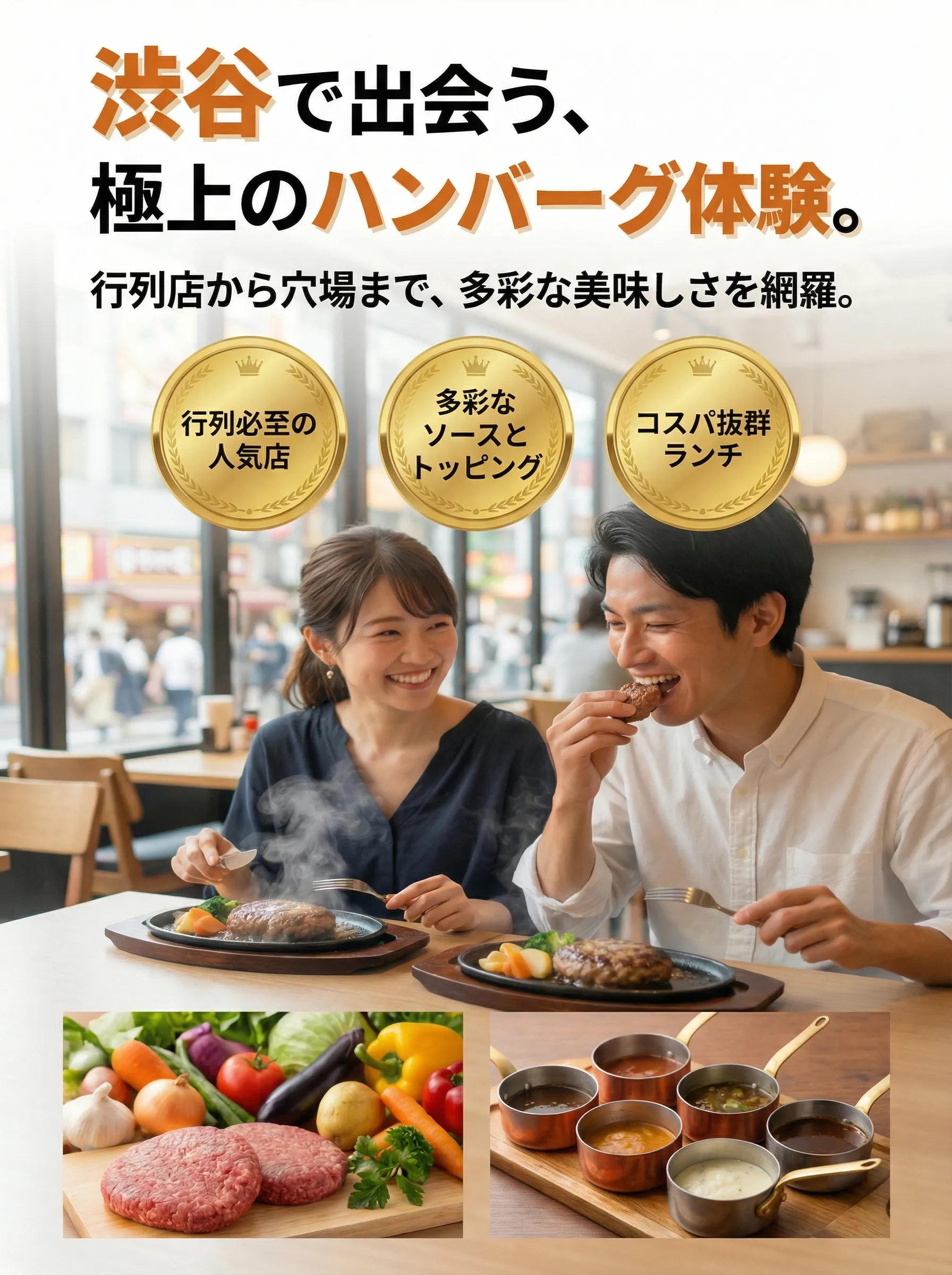 渋谷の人気ハンバーグ店で肉汁があふれるハンバーグと賑わう店内の様子